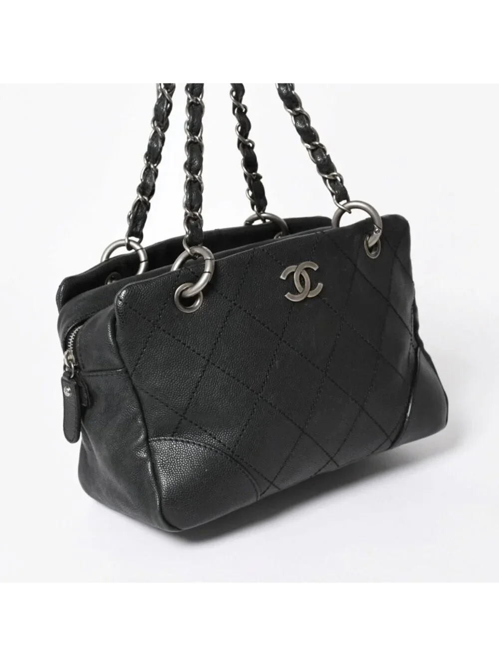 Chanel Wild Stitch Chain Tote Bag CC Logo Caviar Leather Black